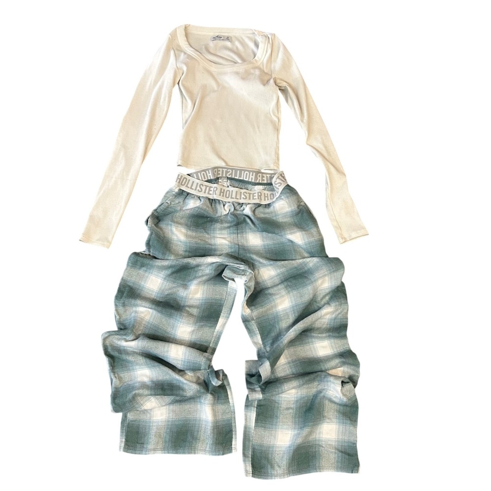 Hollister Pajama Set Womens XS Green Plaid Flannel Pants Ribbed Long Sleeve Top